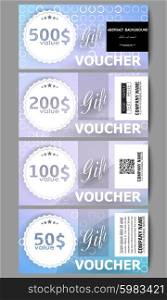 Set of modern gift voucher templates. Abstract white circles on light blue background, vector illustration.