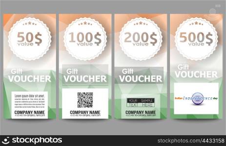 Set of modern gift voucher templates. Background for Happy Indian Independence Day celebration with Ashoka wheel and national flag colors, vector illustration.