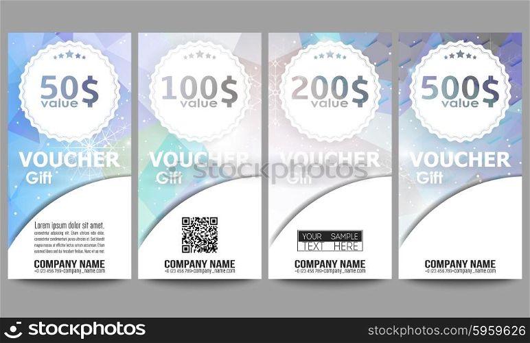 Set of modern gift voucher templates. Blue abstract winter background. Christmas vector style with snowflakes. Set of modern gift voucher templates. Blue abstract winter background. Christmas vector style with snowflakes.