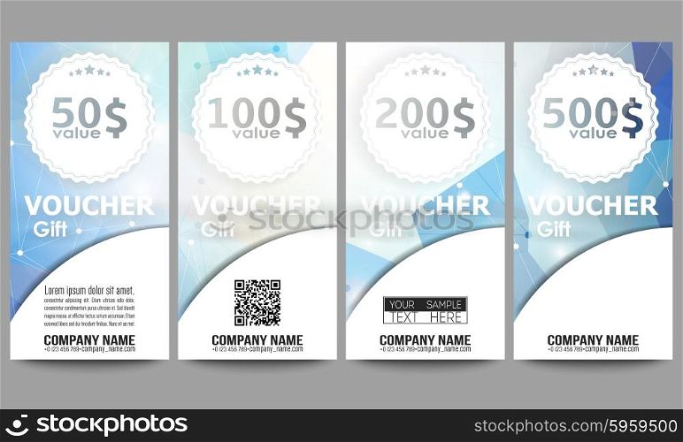 Set of modern gift voucher templates. Colorful triangle design, abstract vector background.