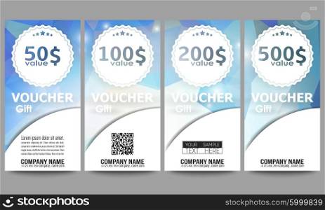 Set of modern gift voucher templates. Colorful triangle design, abstract vector background.