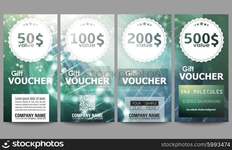 Set of modern gift voucher templates. DNA molecule structure on dark green background. Science vector background. Set of modern gift voucher templates. DNA molecule structure on dark green background. Science vector background.