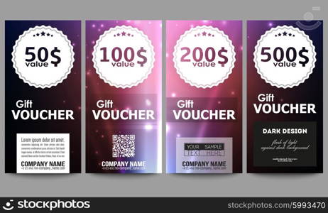 Set of modern gift voucher templates. Flashes against dark background. Set of modern gift voucher templates. Flashes against dark background.