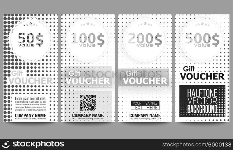 Set of modern gift voucher templates. Halftone vector background. Black dots on white. Set of modern gift voucher templates. Halftone vector background. Abstract halftone effect with black dots on white background.