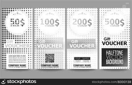 Set of modern gift voucher templates. Halftone vector background. Black dots on white. Set of modern gift voucher templates. Halftone vector background. Abstract halftone effect with black dots on white background.