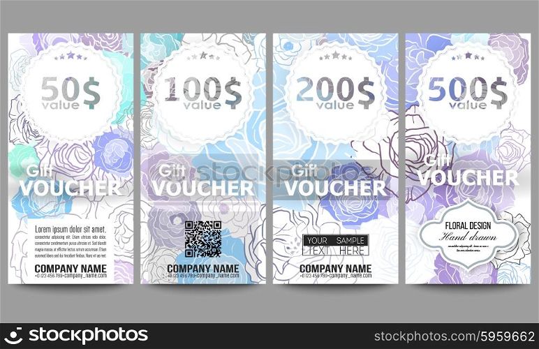 Set of modern gift voucher templates. Hand drawn floral doodle pattern, abstract vector background.