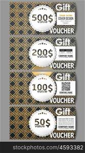 Set of modern gift voucher templates. Islamic gold pattern with overlapping geometric square shapes forming abstract ornament. Vector stylish golden texture on black background. Set of modern gift voucher templates. Islamic gold pattern with overlapping geometric square shapes forming abstract ornament. Vector stylish golden texture on black background.
