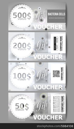 Set of modern gift voucher templates. Molecular research, illustration of cells in gray, science vector background.