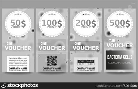 Set of modern gift voucher templates. Molecular research, illustration of cells in gray, science vector background.