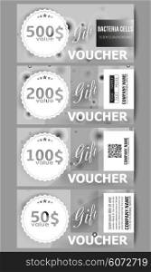 Set of modern gift voucher templates. Molecular research, illustration of cells in gray, science vector background.