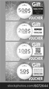 Set of modern gift voucher templates. Sacred geometry, triangle design gray background. Abstract vector illustration.
