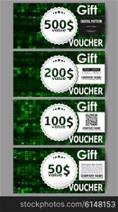 Set of modern gift voucher templates. Virtual reality, abstract technology background with green symbols, vector illustration.