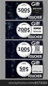Set of modern gift voucher templates. Virtual reality, abstract technology background with blue symbols, vector illustration.