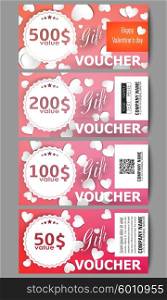 Set of modern gift voucher templates. White paper hearts, red vector background for Valentines day.