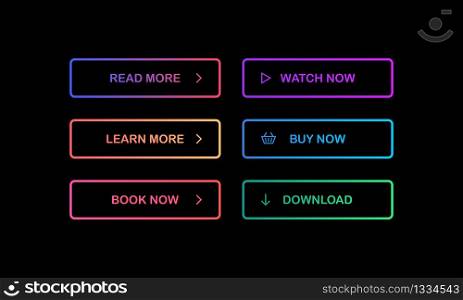Set of modern glowing multi-colored gradient buttons on dark background. Read, learn, book, wath, buy now, download buttons. Vector EPS 10