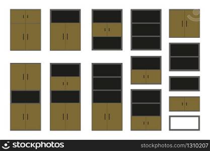 Set of modern interior shelf and bookcase,elements or icons isolated on white background, flat vector illustration