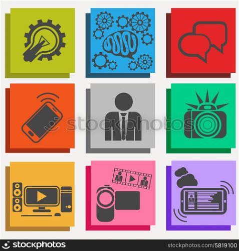 Set of modern media communication and hipster elements, camera photo selfie brain bubble lightbulb videocamera in retro design style