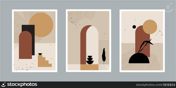 Set of modern minimal abstract aesthetic background with desert landscape, stairs, leaf, vases, sun and earth tones. bohemian style wall decor for wall decoration, postcard, banner or brochure cover.