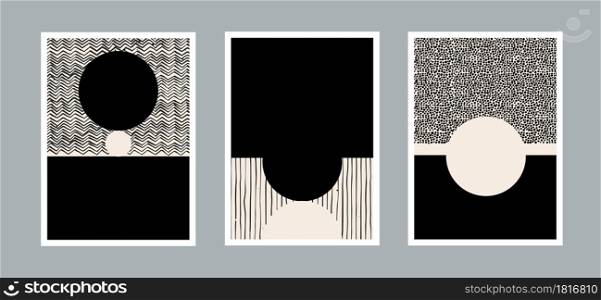 Set of modern minimal abstract aesthetic. template with primitive shapes elements, dots, line and zigzag for wall decoration, postcard, banner or brochure cover. Vector design.