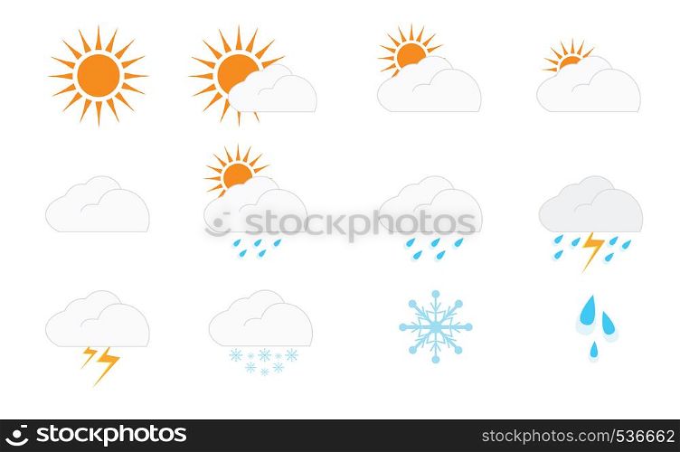 Set of Modern minimal weather forecast season climate icons. Summer, Rainy, Winter and snow or clouds with thunderstorm icons Vector illustration graphic