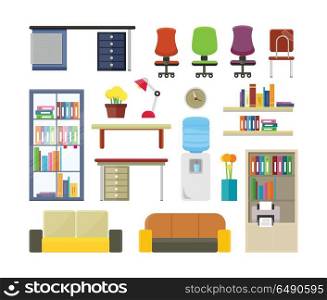 Set of Modern Office Furniture Illustrations.. Set of modern office furniture illustrations. Elements of business interior. Table, chair, sofa, shelves, boiler, rack, flowers, clock, lamp in flat style. For design concepts icons infographics