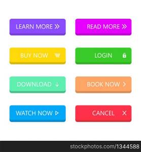 Set of modern style buttons in flat style for mobile app, web, banner, game. Multicolored buttons on isolated background. Navigation menu for login, learn, read, download, buy, watch, cancel. Vector. Set of modern style buttons in flat style for mobile app, web, banner, game. Multicolored buttons on isolated background. Navigation menu for login, learn, read, download, buy, watch, cancel. Vector.