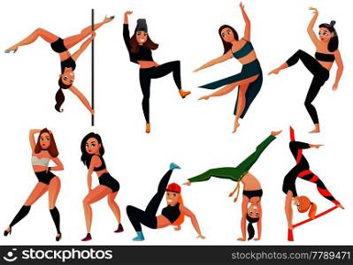 Set of modern types of dance with hip hop, go-go, brazilian martial arts isolated vector illustration . Modern Types Of Dance Set