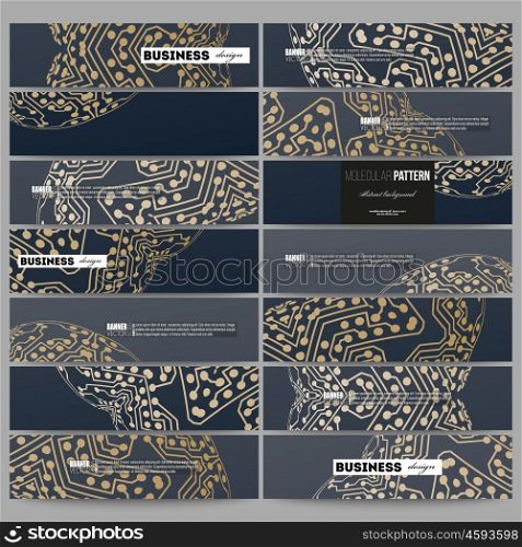 Set of modern vector banners. Golden microchip pattern, abstract template with connecting dots and lines, connection structure. Digital scientific vector background