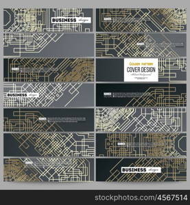 Set of modern vector banners. Golden technology pattern on dark background with connecting lines and dots, connection structure. Digital scientific vector
