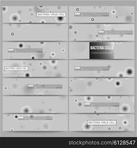 Set of modern vector banners. Molecular research, illustration of cells in gray, science vector background.