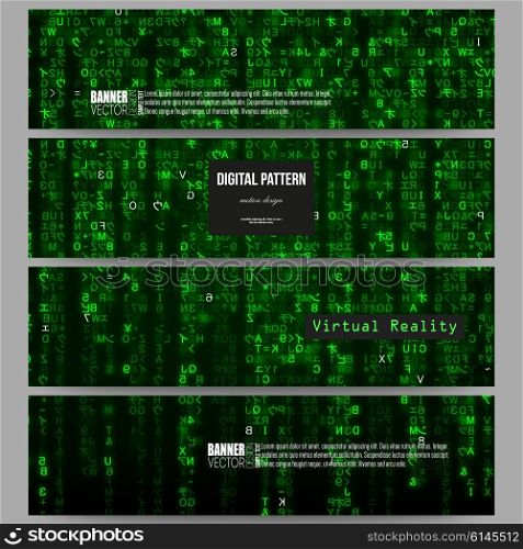 Set of modern vector banners. Virtual reality, abstract technology background with green symbols, vector illustration.