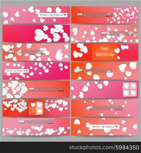 Set of modern vector banners. White paper hearts, red vector background for Valentines day