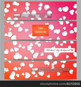 Set of modern vector banners. White paper hearts, red vector background for Valentines day