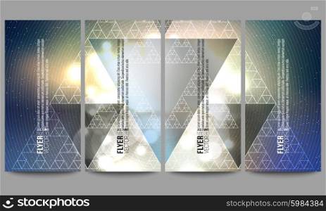 Set of modern vector flyers. Abstract multicolored background with bokeh lights and stars. Scientific digital design, science illustration.