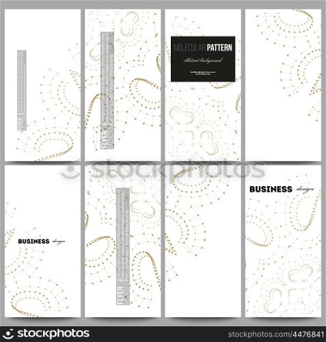 Set of modern vector flyers. Abstract polygonal low poly backdrop with connecting dots and lines, golden connection structure on white background. Digital or science vector