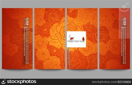 Set of modern vector flyers. Chinese new year background. Floral design with red monkeys, vector illustration