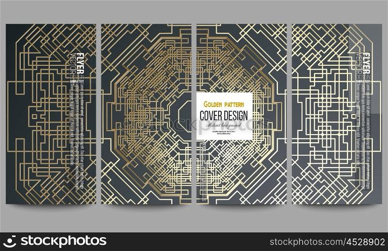 Set of modern vector flyers. Golden technology pattern on dark background with connecting lines and dots, connection structure. Digital scientific vector