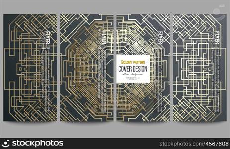Set of modern vector flyers. Golden technology pattern on dark background with connecting lines and dots, connection structure. Digital scientific vector