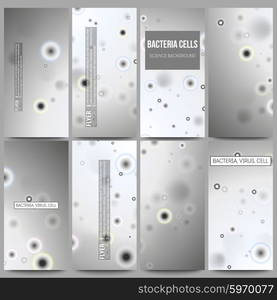 Set of modern vector flyers. Molecular research, illustration of cells in gray, science vector background.