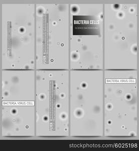 Set of modern vector flyers. Molecular research, illustration of cells in gray, science vector background.