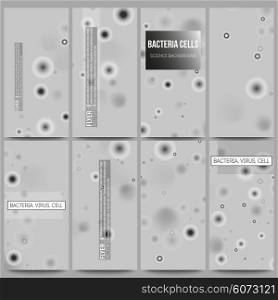 Set of modern vector flyers. Molecular research, illustration of cells in gray, science vector background.