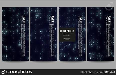 Set of modern vector flyers. Virtual reality, abstract technology background with blue symbols, vector illustration.