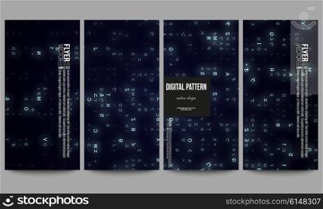 Set of modern vector flyers. Virtual reality, abstract technology background with blue symbols, vector illustration.