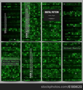 Set of modern vector flyers. Virtual reality, abstract technology background with green symbols, vector illustration.