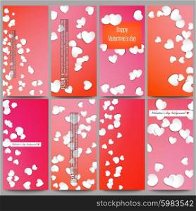 Set of modern vector flyers. White paper hearts, red vector background for Valentines day