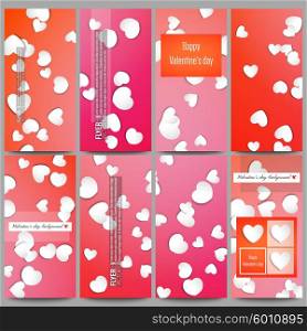 Set of modern vector flyers. White paper hearts, red vector background for Valentines day