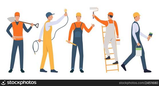 Set of modern workers repairing house. Group of skilled repairmen at work. Vector illustration for housing project, presentation, remodeling