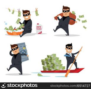 Set of Money Stealing Concepts Flat Design Vector. Set of money stealing concepts vector. Flat design. Financial crime, tax evasion, money laundering, corruption illustration. Man in a business suit, in mask washing, stealing, sail with money.