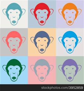 Set of Monkey color portraits. Vector illustration.&#xA;