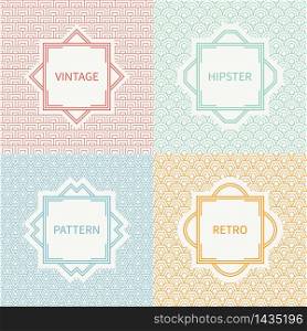Set of mono line polygon hipster seamless pattern. Vintage frames in red, green, blue, gold. Wrapping paper. Vector background. Texture for greeting cards, wedding invitations. Labels, badges.. Set of mono line polygon hipster seamless pattern. Vintage frames in red, green, blue, gold. Wrapping paper. Vector background. Graphic texture for greeting cards, wedding invitations. Labels, badges.